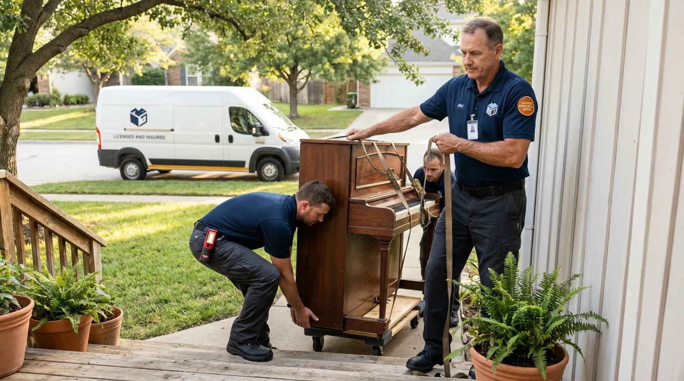 Licensed piano movers securing grand piano in Aitkin, MN