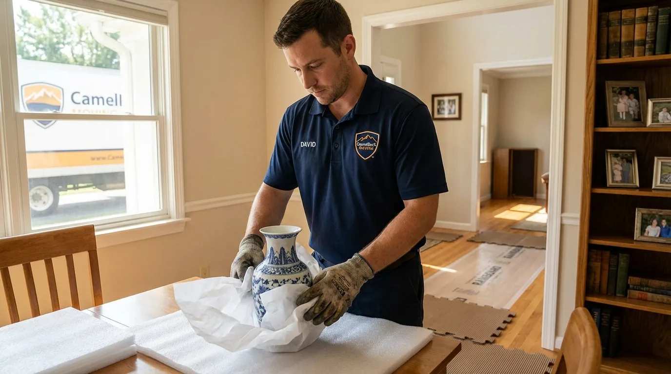Professional crew carefully wrapping antique vase for senior downsizing move in Aitkin, MN